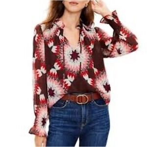 Women's Loft Aztec Print Chiffon High Neck Blouse Size Large